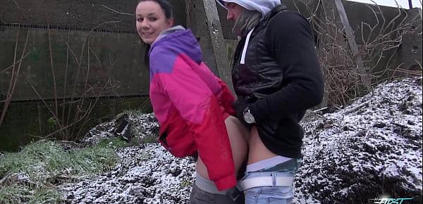  Sexy little brunette in a little bit freezing public fuck warming up hard cock